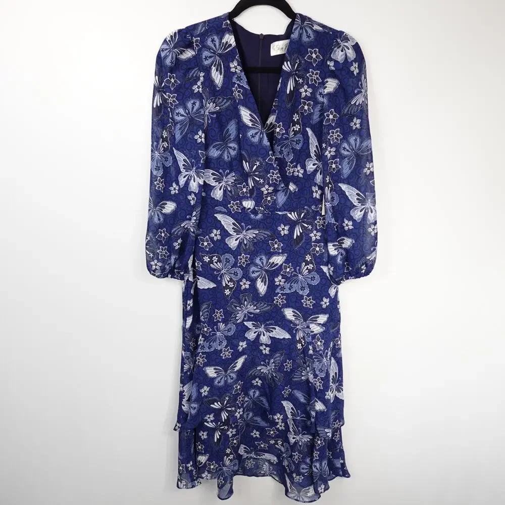Eliza J Floral Long Sleeve Faux Wrap Midi Dress Blue Butterfly Floral New Size 4 - Picture 4 of 11
